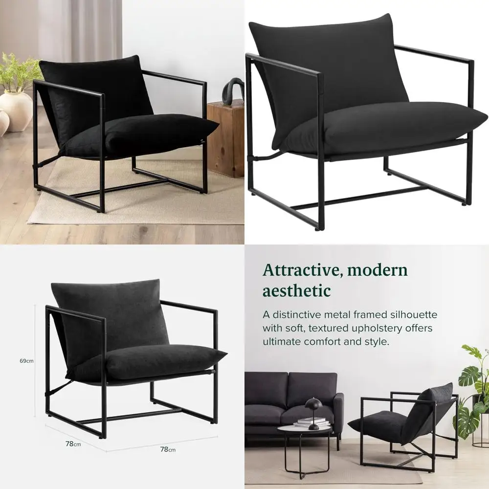 Metal Frame Armchair with Shredded Foam Cushion, Sleek Black Accent Chair