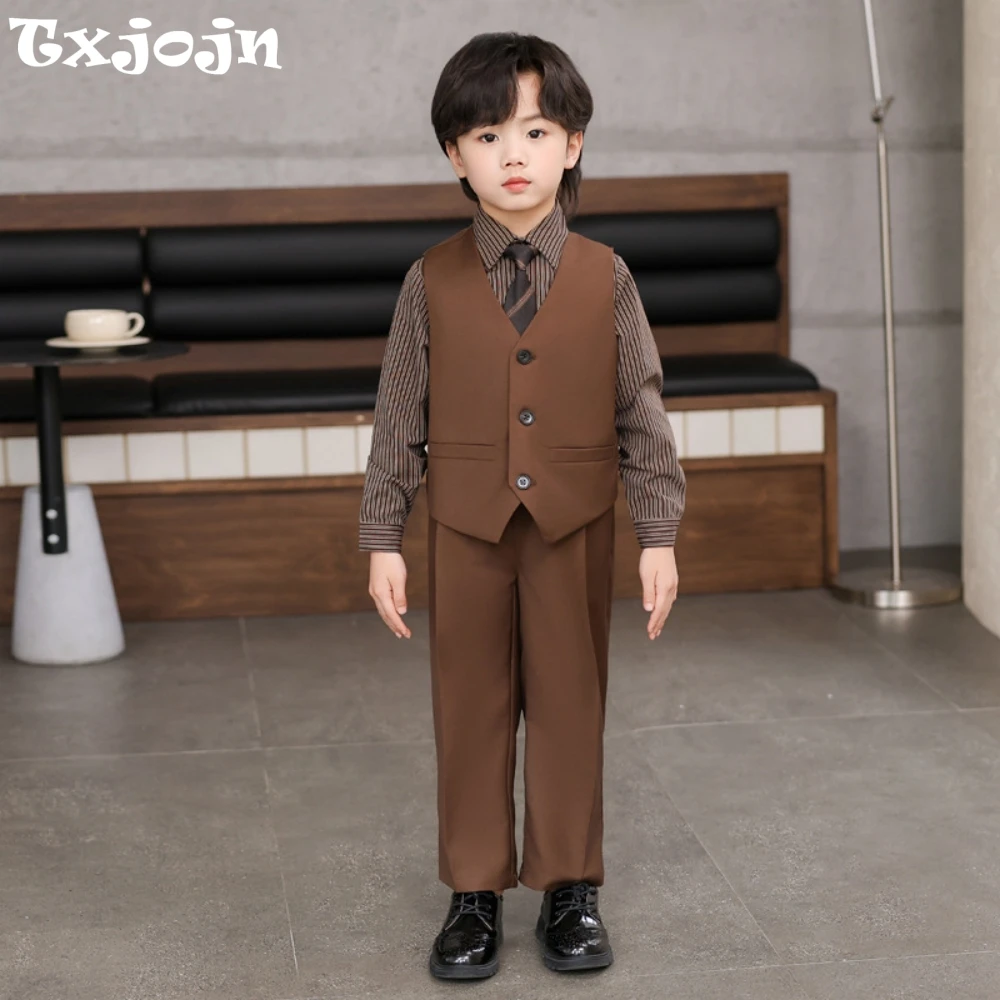 Spring Autumn Boys Elegant Suit Set 3 Pieces Vest Pants With Tie Wedding Guest Outfit Hot Sale Kids Suits Piano Performance