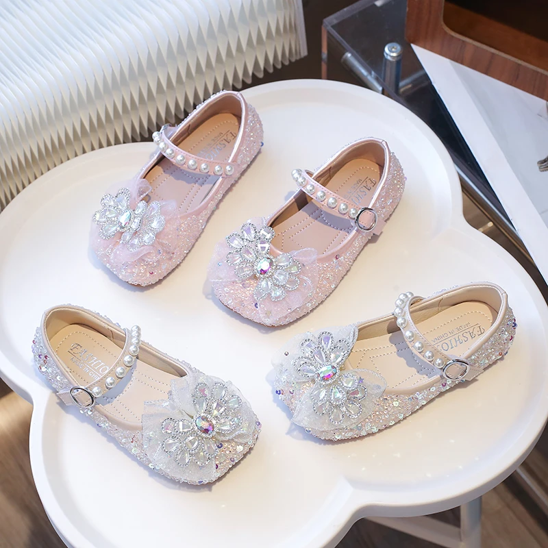 

New Children Soft Princess Crystal Shoes for Party Wedding Shows Flats Kids Fashion Sequins Rhinestones Casual Girls Mary Janes