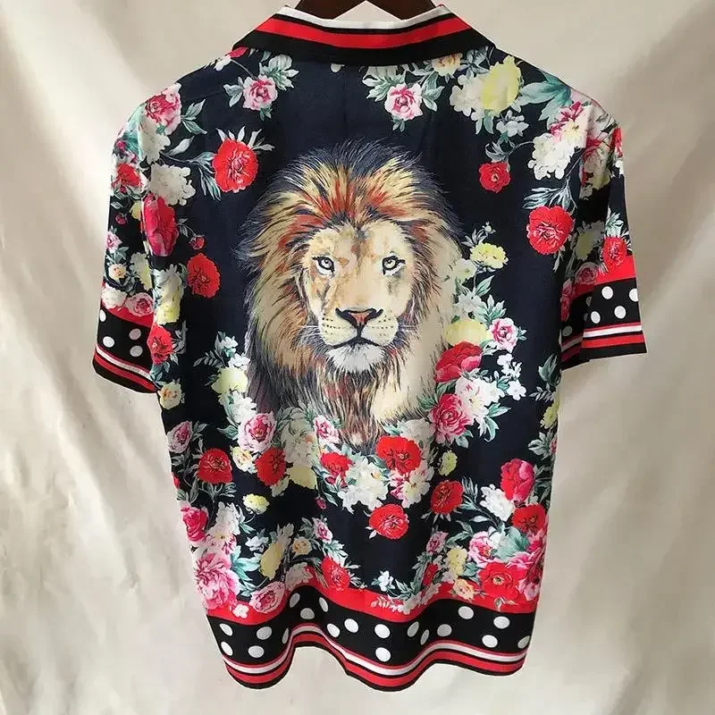 European Lion Flower Print Shirt Streetwear Hip Hop Fashion Aloha Tropical Top Hawaiian Beach Shirts Camisa Floral Masculina