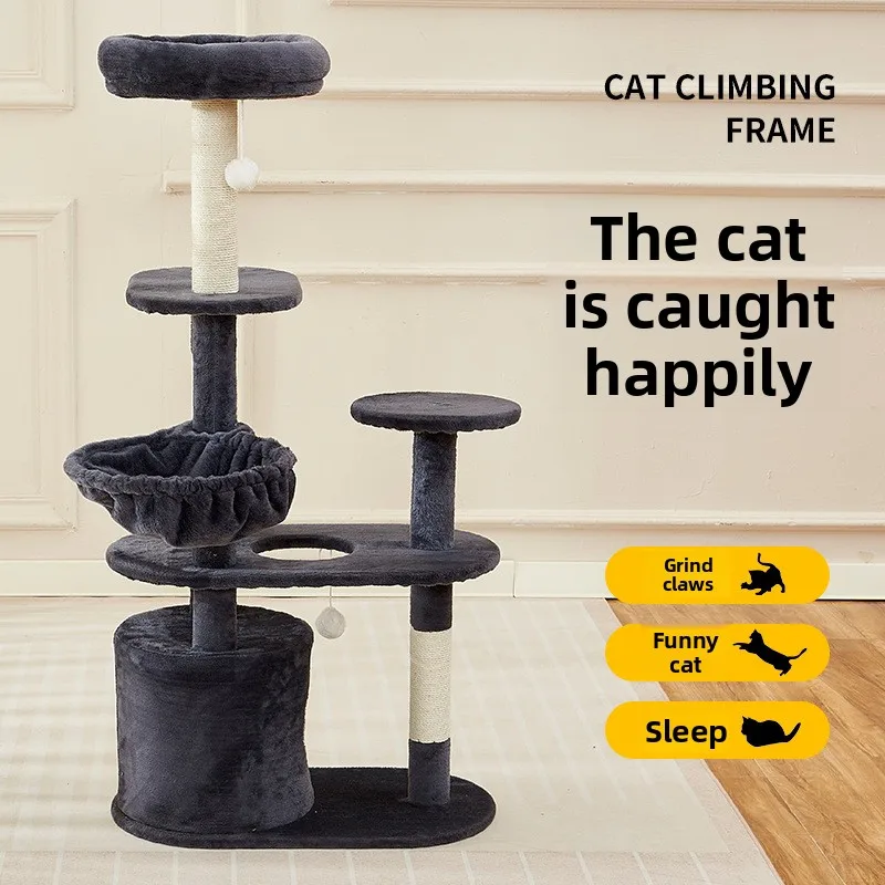 Plush Black Cat Tree with Cat House and Teaser Ball, Multi-Level Cat Tower for Indoor Cats, Pet Decor