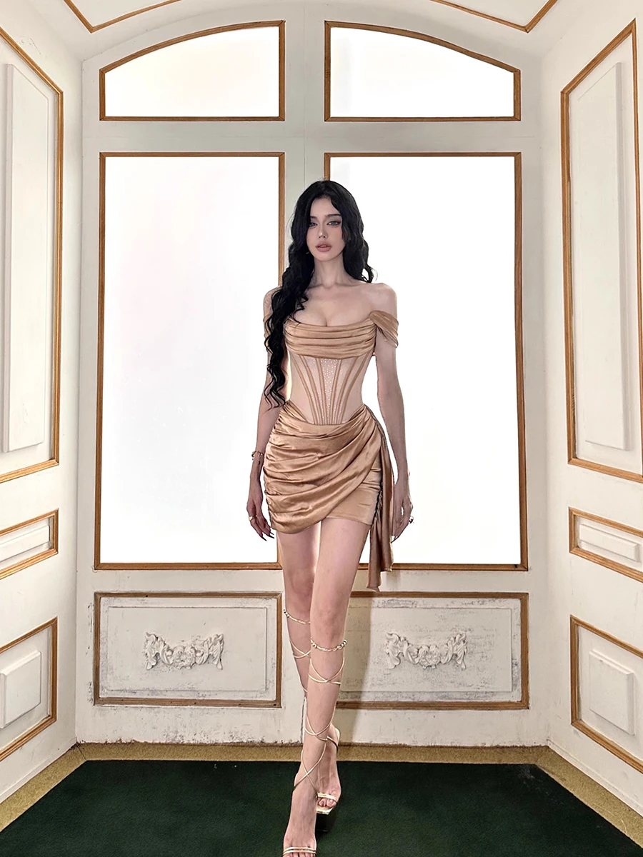 REDDACHiC Luxury Gold Corset Mini Satin Dress Women Fishbone Patchwork See-through Mesh Sparkle Party Evening Vintage Clothes