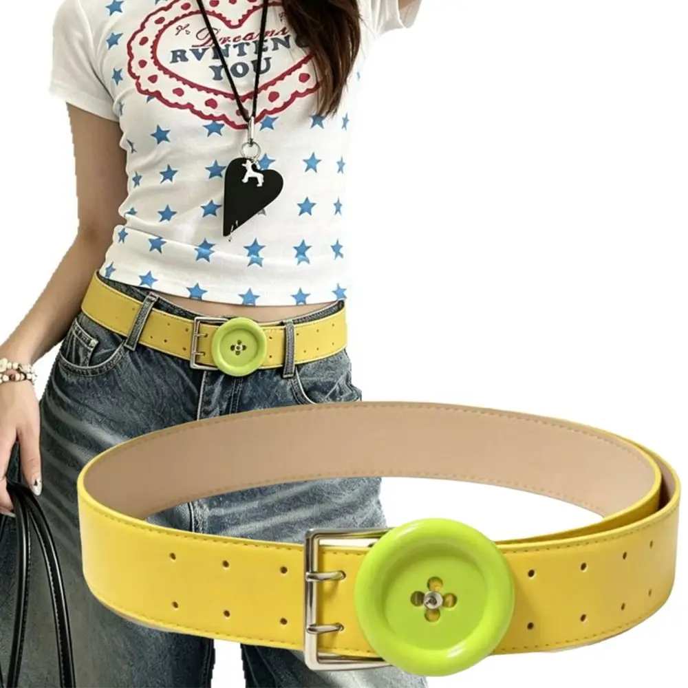 New PU Y2K Waist Belt Large Button Decor Adjustable Decorative Belt Metal Buckle Fashion Belt Pants Accessory