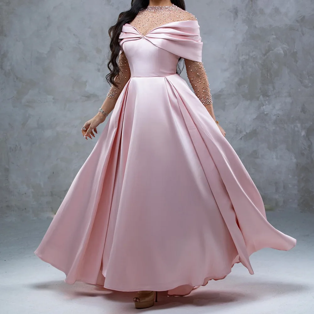 

Customized High Quality A-Line Floor Length High Neckline Jersey Long Sleeves Pleats Evening Dress Classic платье вечернее