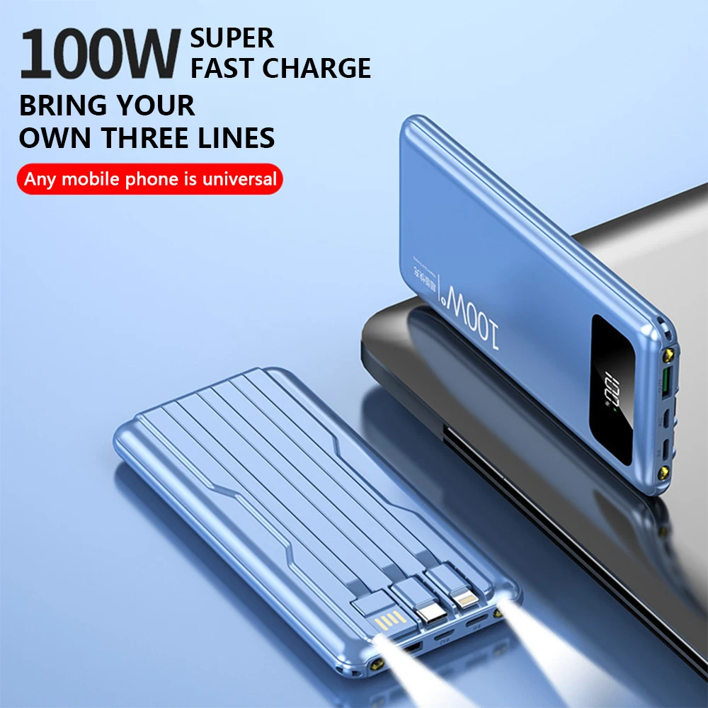 

100W super fast charging with its own line charging treasure, large capacity 20000mA portable mobile power supply