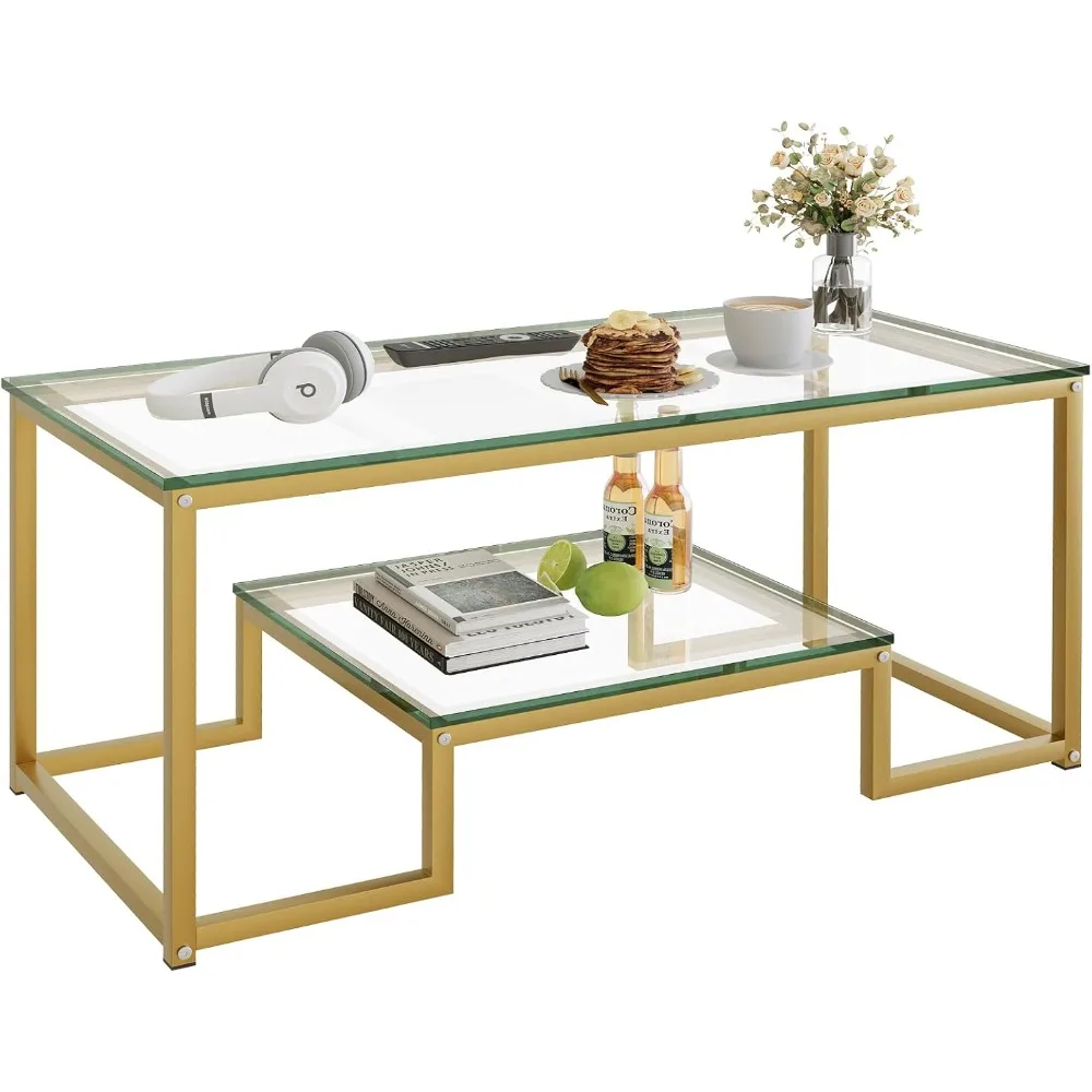 

Coffee Table Gold Glass Coffee Table for Living Room, Rectangle Center Table with Sturdy Metal Frame,Tempered Glass