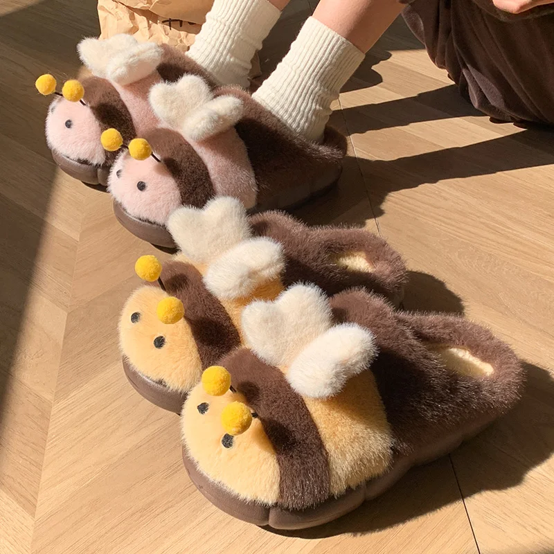 Cute Little Bee Slippers For Women Winter Warm Plush Fur House Shoes 3D Heart Wings Thick Platform Anti-Skid Indoor Home Bootie