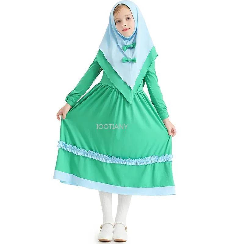 

2026 Niña 2-12y Middle East Arab Muslim Islamic Costume Enfant Medieval Clothing Abaya Dress With Hijab Long Sleeve