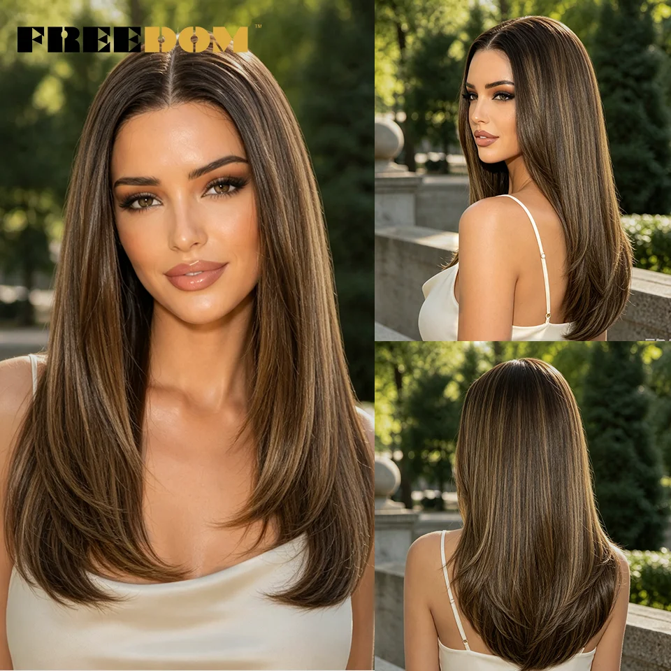 FREEDOM 13x6 Synthetic Lace Frontal Wigs For Women 20 Inch Pre Plucked Lace Front Wig Wear And Go Ombre Brown Pre-cut Lace Wigs
