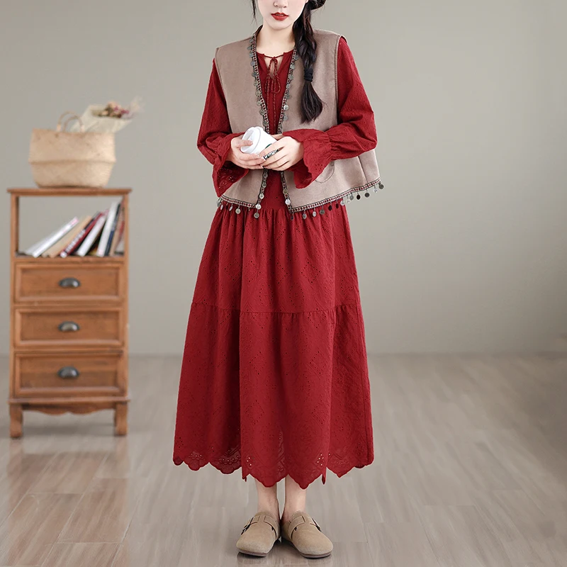 Abito da donna a maniche lunghe in cotone rosso retrò con ritaglio in crochete Abito a trapezio con volant con lacci Autunno Beach Vacation Abiti maxi da fata