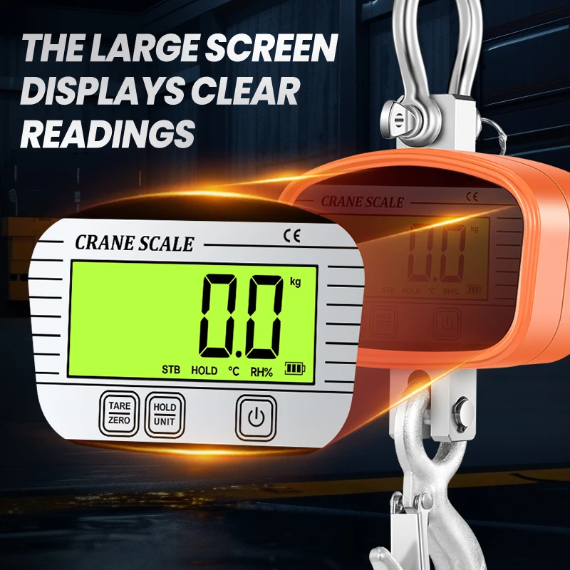 

1000KG Digital LCD Crane Scales 0.1kg Industrial Grade Heavy Duty Steel Hook Scale 1T Temp-Hygrometer Peak Hold Weighing Tools