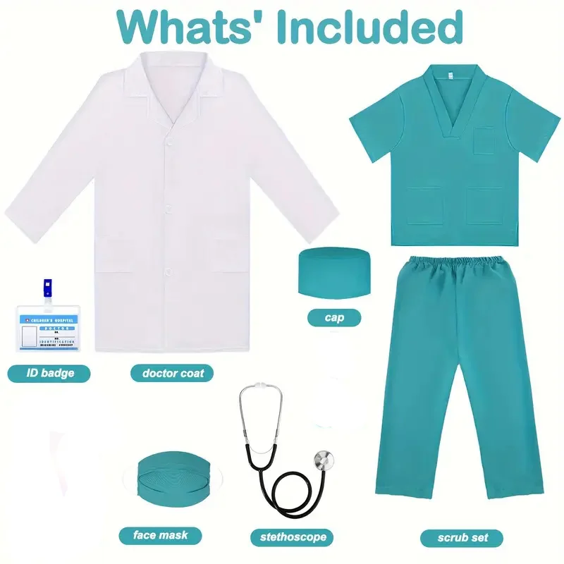 7 Uds. Traje de Cosplay de médico y enfermera para niños, bata de laboratorio blanca para niño y niña, uniformes con accesorios, vestido médico para regalo de Navidad y Halloween