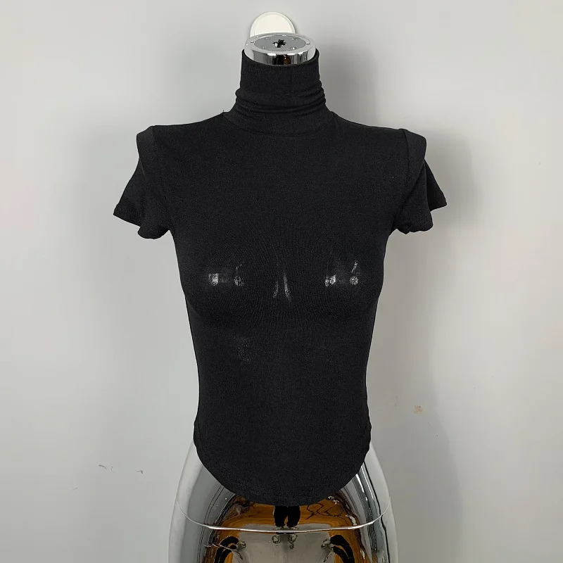 Spring 2026 Short Sleeve Turtleneck T-shirt Slim Elastic Solid Trendy Base Layer Tee Spice Girls Sexy Versatile Sheer Crop Top