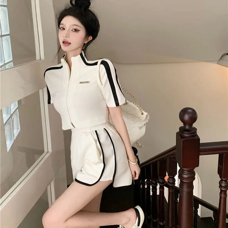 Women Suit Shorts Set White Hottie Age Reduction Splicing Short Sleeved T-shirt Summer Fashion High Waisted Motion Leisure