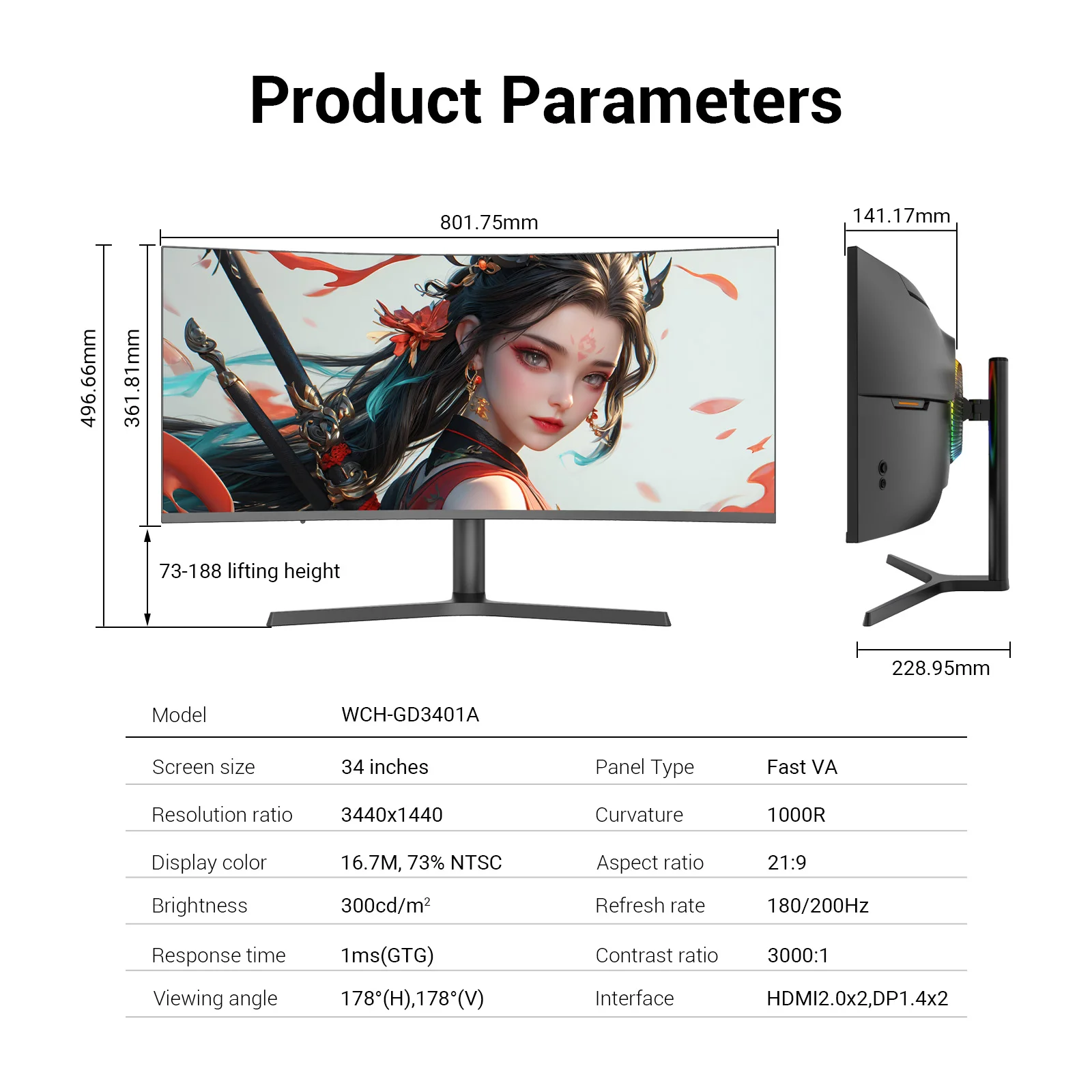 OEM Factory Wholesale 34 Inch 4K Gaming Monitor 180Hz Curved Screen 21:9 Ultra Wide WQHD PC Computer LCD Monitor for Gamers