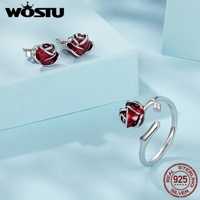 WOSTU 925 Sterling Silver Red Rose Open Ring  Stud Earrings Jewelry Set with Enamel for Women Date Wedding Love Jewelry Original