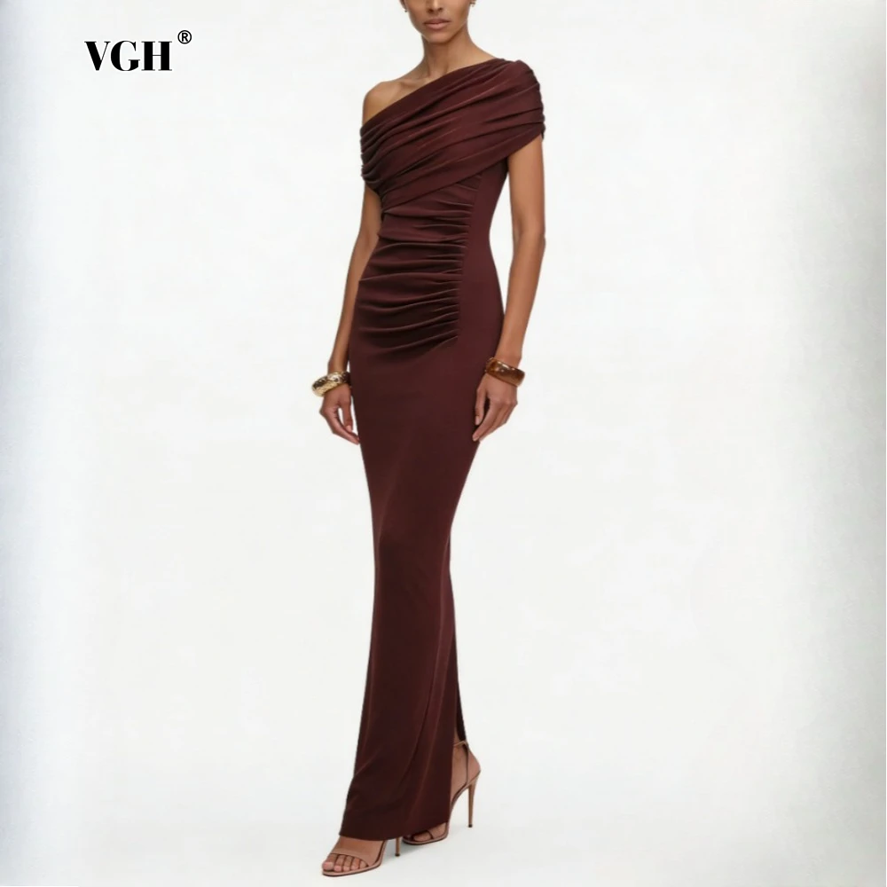 

VGH Winered Slimming Spliced Folds Chic Dresses for Women Skew Collar Sleeveless Luxury Elegant Dress Female Summer Fashion New