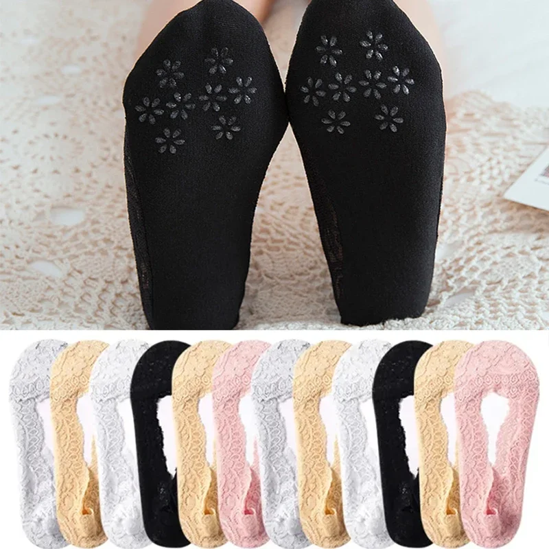 5pairs Women Cotton Sole Invisible Anti-slip Slippers Ankle Socks Lace Socks Women Summer Girls No Show Socks Non-slip