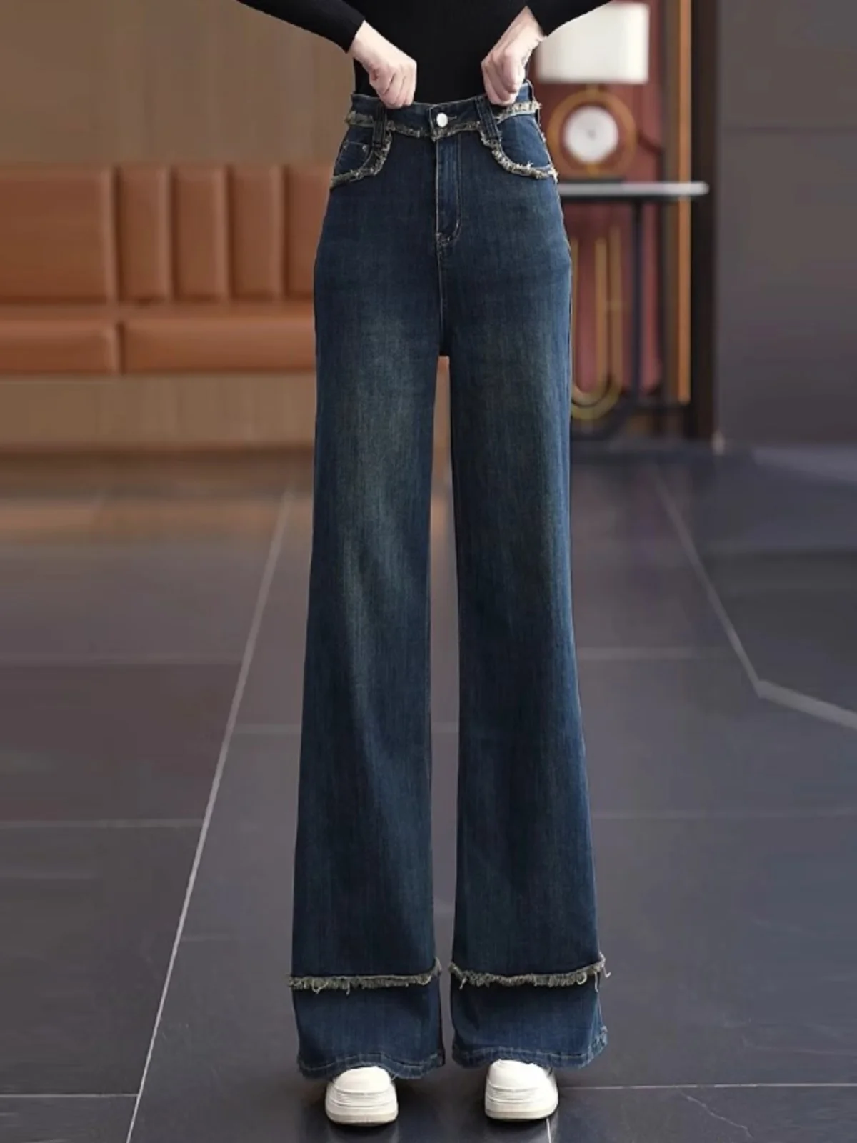 High Waist Wide Leg Jeans Women's Spring Autumn Style Retro Frayed Straight Tube Loose Floor-Length Pants Belly Shaping