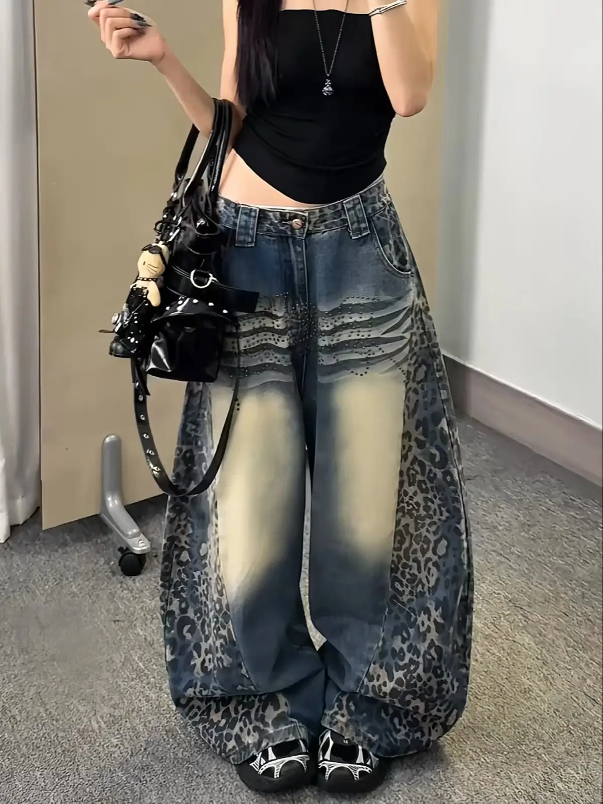 Leopard Patchwork Rivet Curved Barrel Wide Leg Jeans Women Autumn New Loose Retro Denim Pants