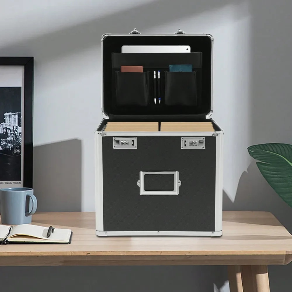 

File Organizer Box 13.81013.4 Inch Large, Portable Locking Storage Box For Filing Letters Documents W Lock, Black Sliver