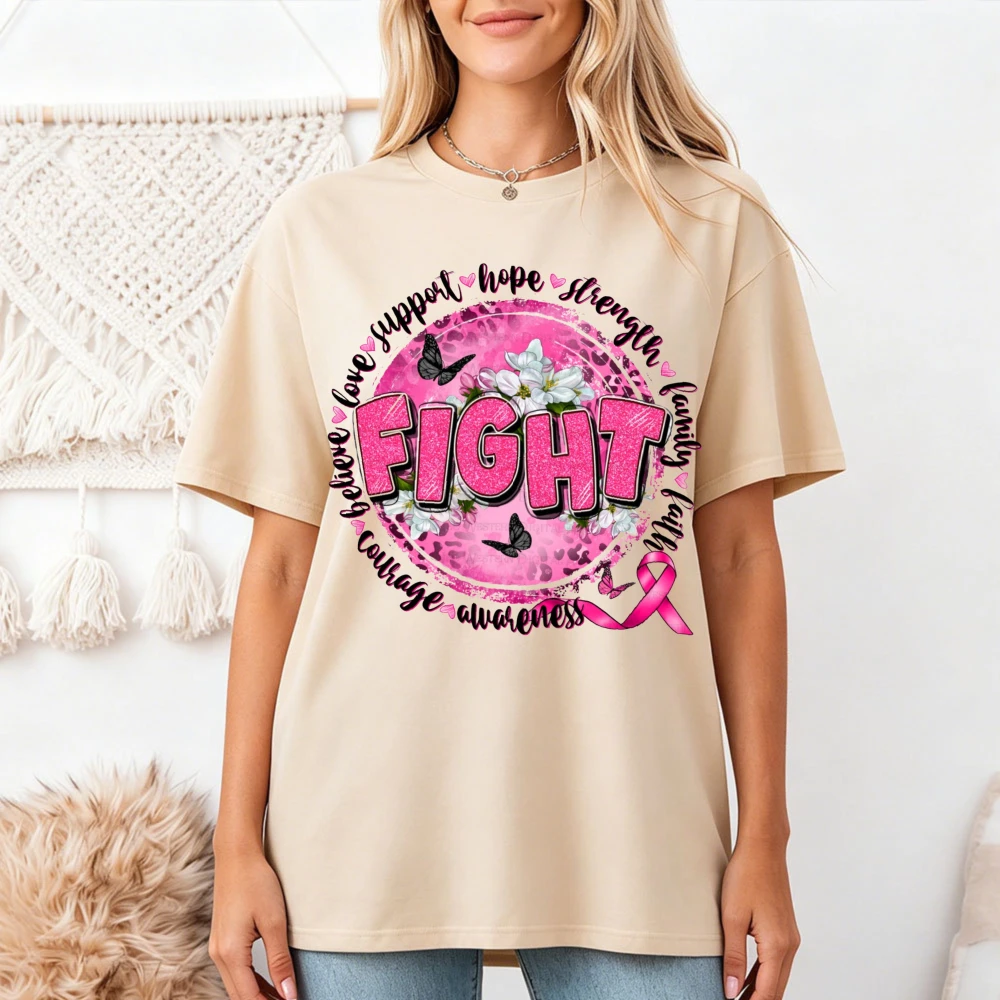 Fight Support Hope Strength T Shirt Women Pink Leopard Rose Graphic Tee Breast Cancer Awareness Top Summer Casual Clothes
