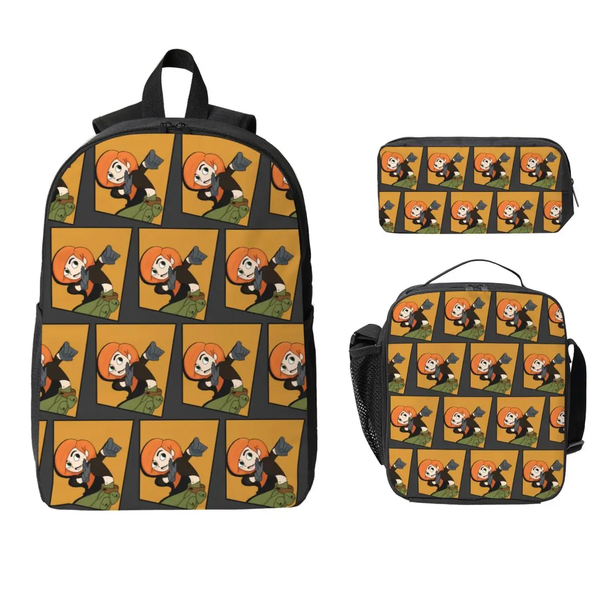Sac à dos style bande dessinée Kim Possible pour étudiants, garçons et filles, sac d'école, sacs à bandoulière, 3 pièces, sac à déjeuner isotherme, trousse à crayons