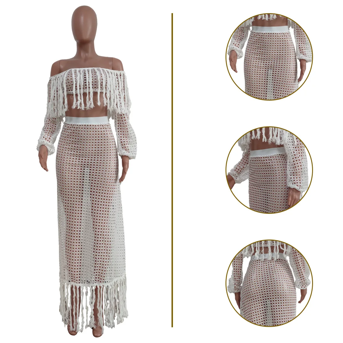 Sexy Bikini Cover-ups Set See-through Long Sleeve Crop Tops Floor-length Skirt Two Piece Swimwear Beach Women Suit