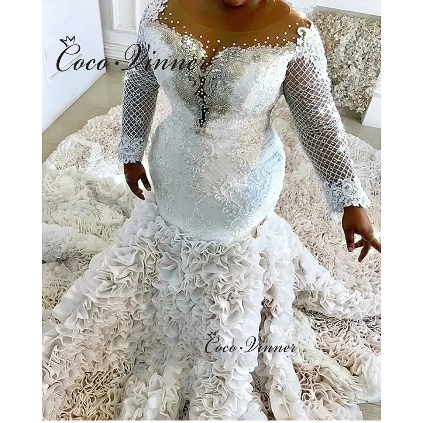 

Индивидуальные плиссированные тюлевые платья русалки с рюшами для африканских невест с длинными рукавами и кружевными аппликациями из кристаллов и бисера