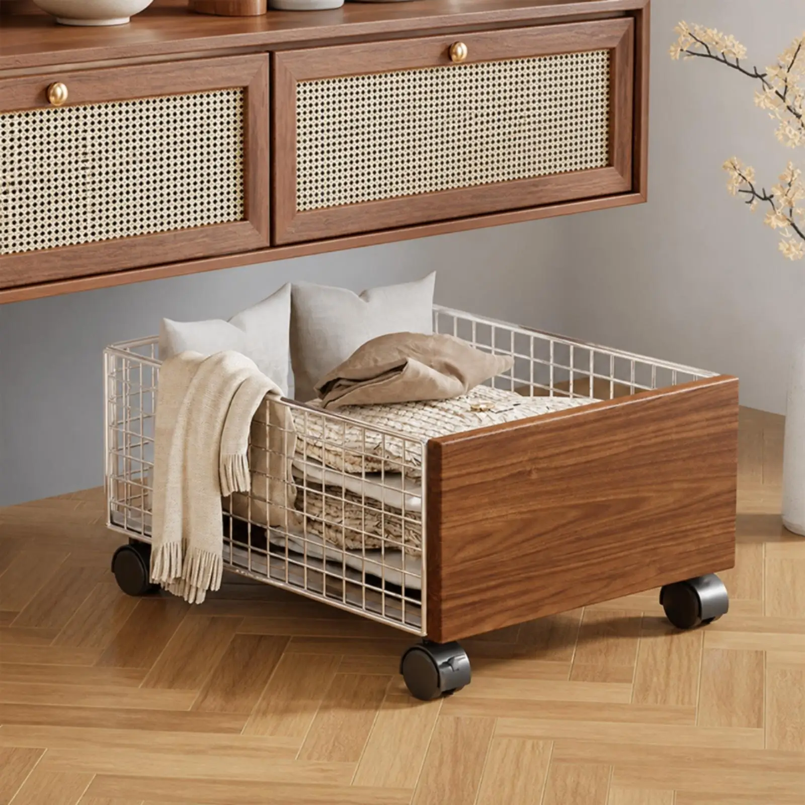 Portable Laundry Basket with Caster Wheels Wire Grid Wood Side Panels Storage Bin for Bedroom Bathroom Laundry Room