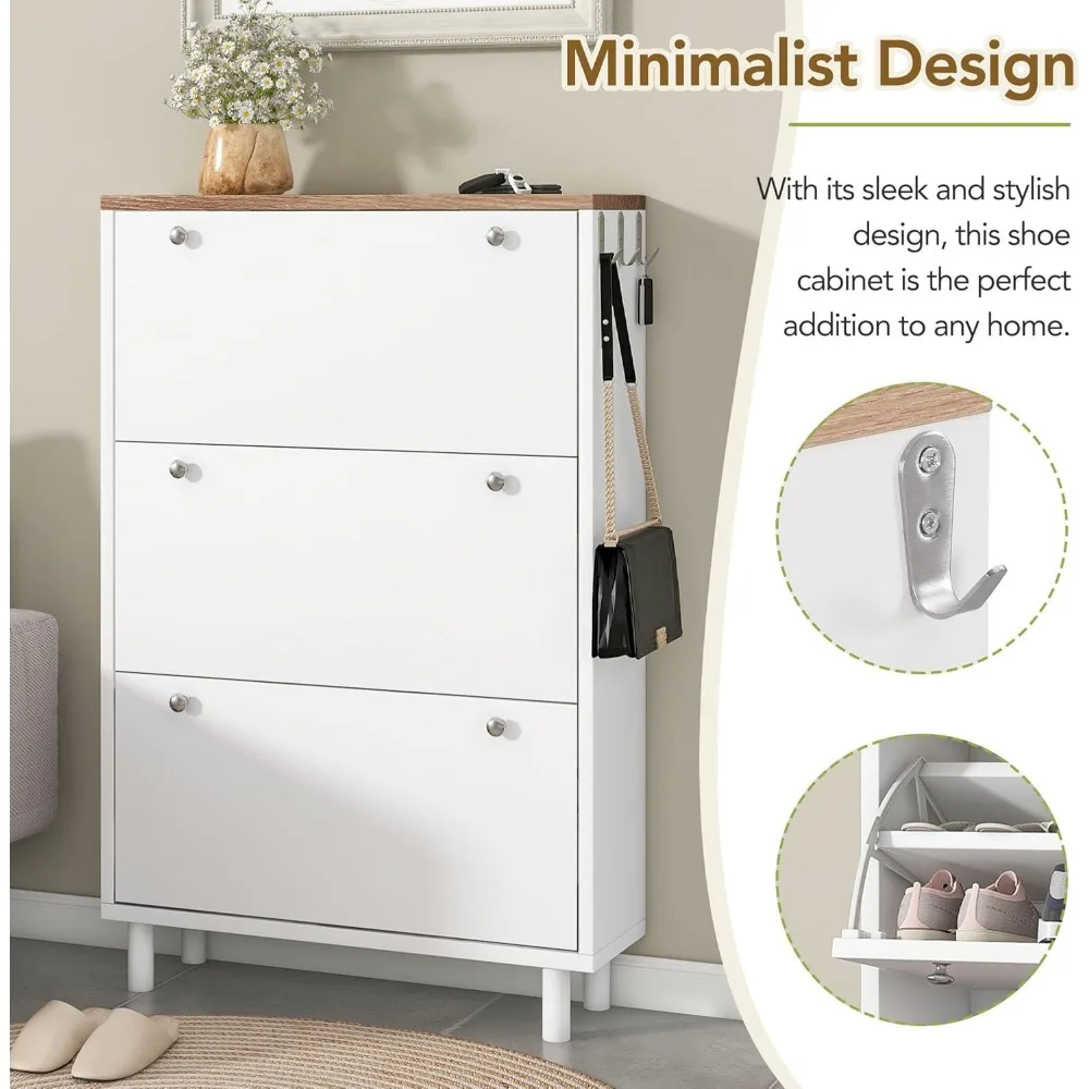 خزانة أحذية ضيقة للمدخل مع 3 أدراج قابلة للطي و3 خطافات للتخزين