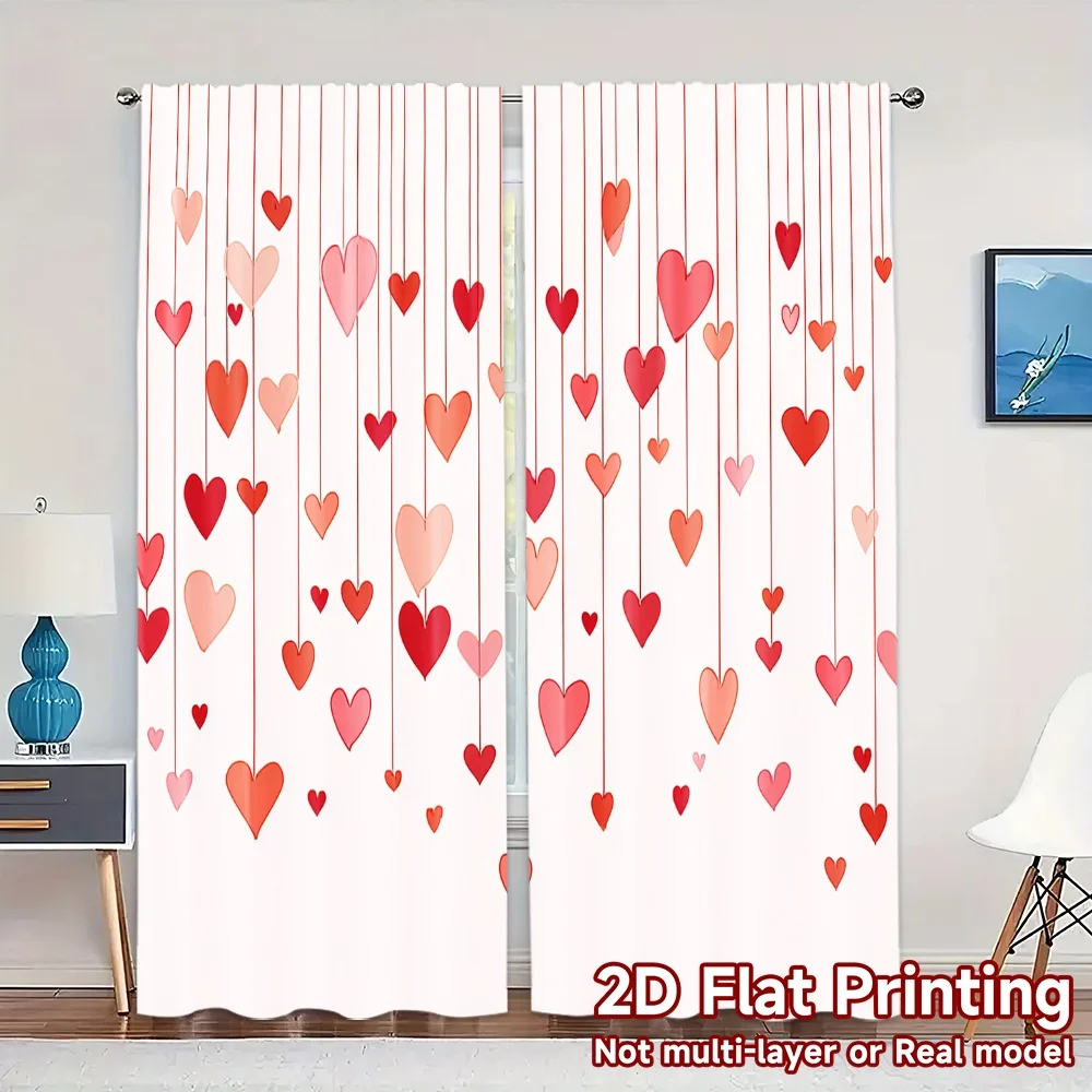 2D Flat Printing,JIT 2pcs, Curtains (Without Rod) Heart Rainfall Print Popular Curtains Versatile 100% Polyester Curtains Art