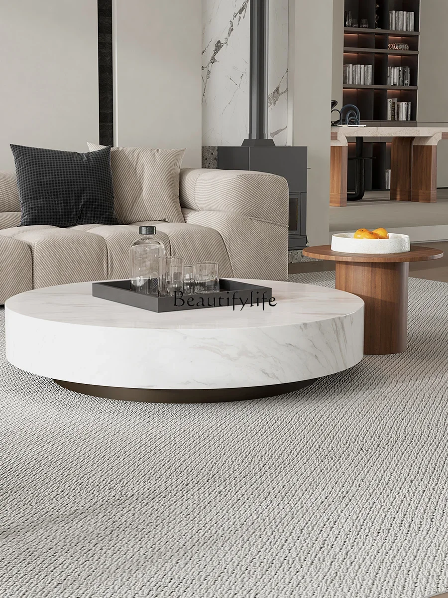 

*Light luxury Italian minimalist round natural marble coffee table creative high-end