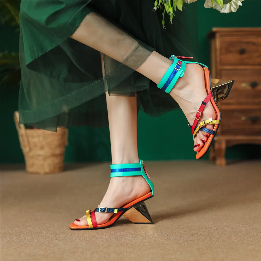 MILI-MIYA  Fashion Mixed Color Strange Heels Women Microfiber Sandals Ankle Wrap Zipper Square Toe Dress Party Summer Shoes