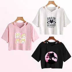 Sailor Moon Women T-shirt Pink White Black Crop Tops Summer Cartoon Printed Sexy Short Sleeve Tee Y2k Clothing Off-the-shoulder