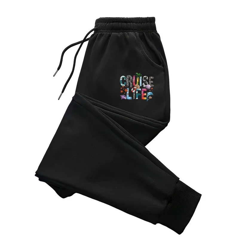 Cruise Life Print Joggers Navy Blue Casual Drawstring Elastic Waist Streetwear Men's Sweatpants