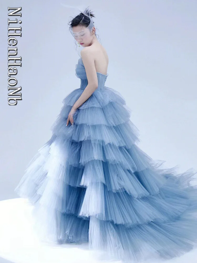 Princess Baby Blue Quinceanera Dresses Strapless Multi-layer Evening Dress Sexy Sweep Tail Party Dress