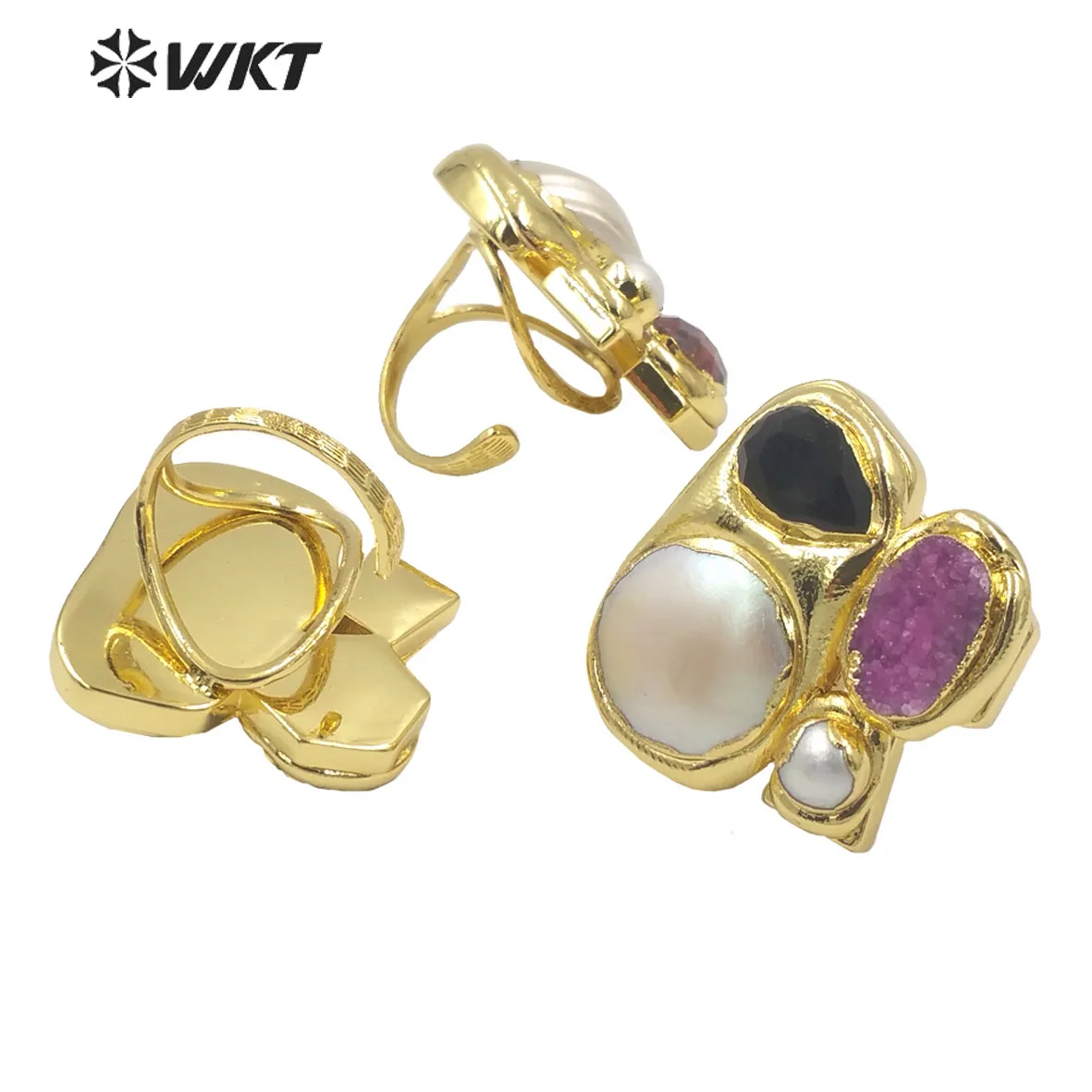 

WT-MPR083 New Big Decoration Pearl And Colorful Stone Druzy Quartz Mabe Unisex Exquisite Rings For Cocktail Party