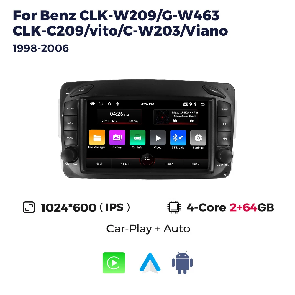 7 "Android Auto Carplay Autoradio Voor Mercedes Benz CLK W209 C209 W168 W203 W463 Vito Viano 1998-2006 GPS Navigatie Multimedia