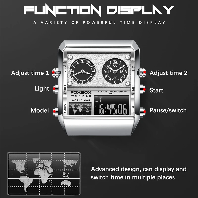 2024 FOXBOX Brand Luxury Fashion Military Quartz Men Watch Casual Sport Dual Display Watches For Men Business Square Watch Men