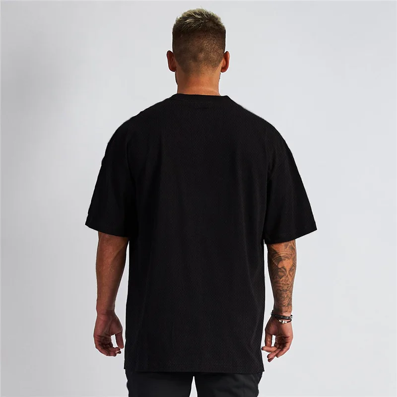 Oversized Solid Shoulder Loose Fit Fitness Sports Short Sleeved T-shirt with Men's Mesh Breathable Half Sleeves