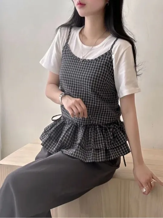 

Модная женская летняя верхняя одежда, жилет с рюшами и подолом в клетку, жилет с узором на бретельках, корейский топ, Сейчас в тренде