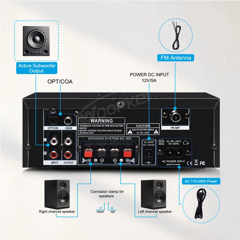 Woopker AK52 Pro/AK55/AK45 Pro/AK35 Wzmacniacz HiFi 2.1-kanałowy Bluetooth Audio z wyjściem na subwoofer, cyfrowy odbiornik stereo — zdjęcie produktu 6