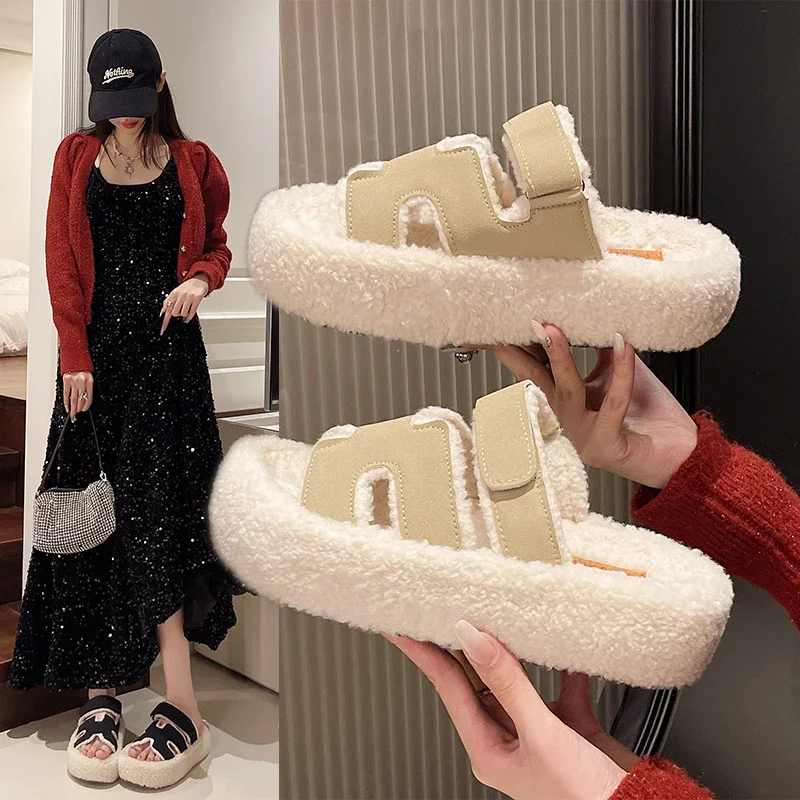 Thick Plush Slippers for Womens Outerwear 2024Autumn and Winter New Korean Style Fairy Style Plush Cotton Slippers