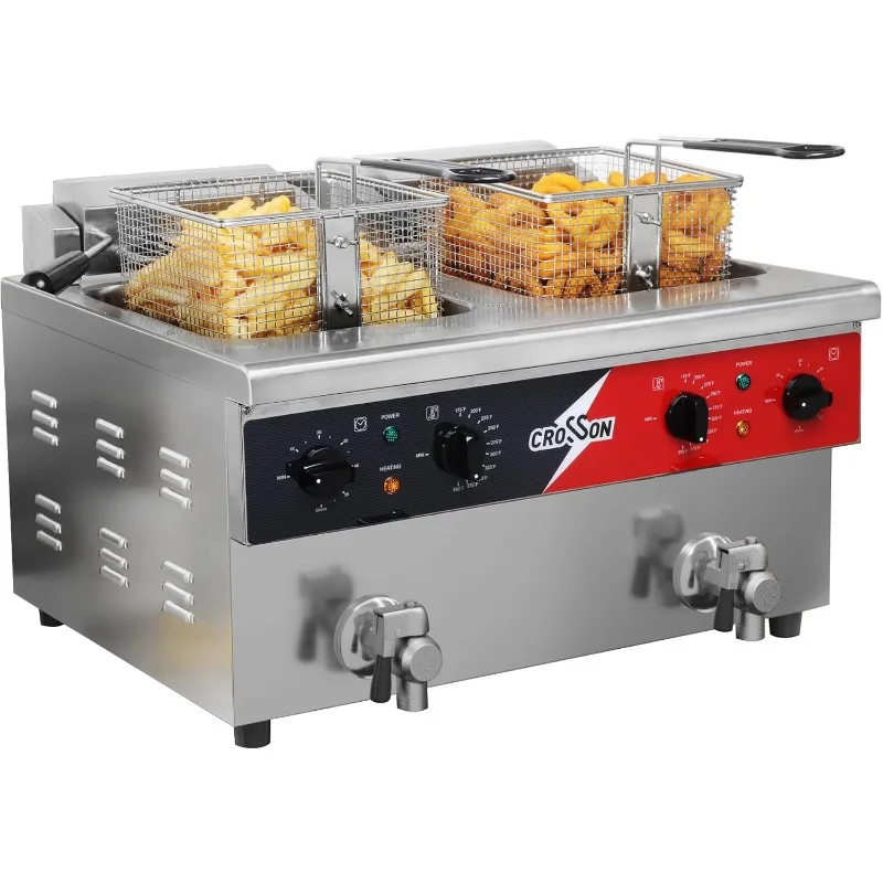 

16L Dual Tank Countertop Electric Deep Fryer with "Swing-up and Hold",Drain Valve,Strech forming Oil Tank and Solid Wire Mesh