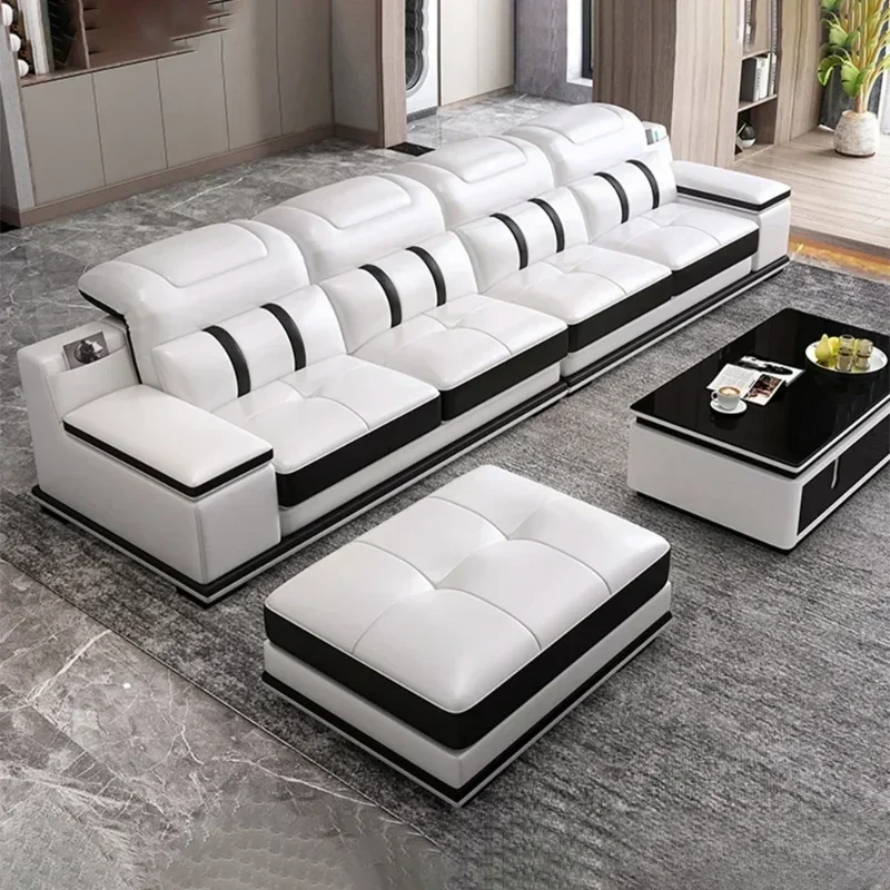 Modern Genuine Leather Living Room Sofa-Stylish Italian Couch With Bluetooth Speaker, USB  Adjustable Headrests Home Furniture