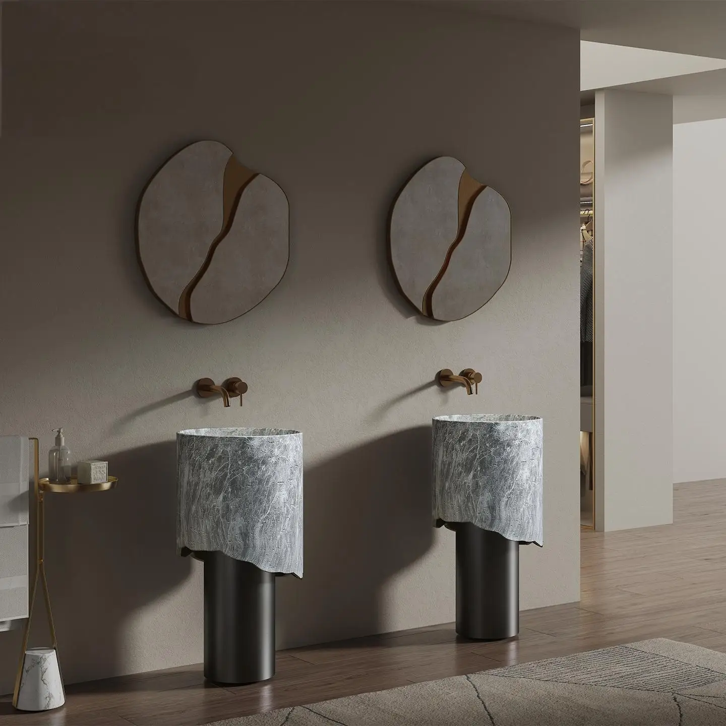 

Modern Blue Round Pedestal Sink, Minimalist Freestanding Ceramic Washbasin for Bathroom Vanity, Customizable Lavatory Basin