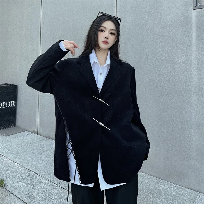 Insozkdg Chinese Stijl Asymmetrische Ceinted Zwarte Blazer Vrouwen Lente Nieuwe Elegante Afslankende Trendy Jas Hoge Kwaliteit Modieus