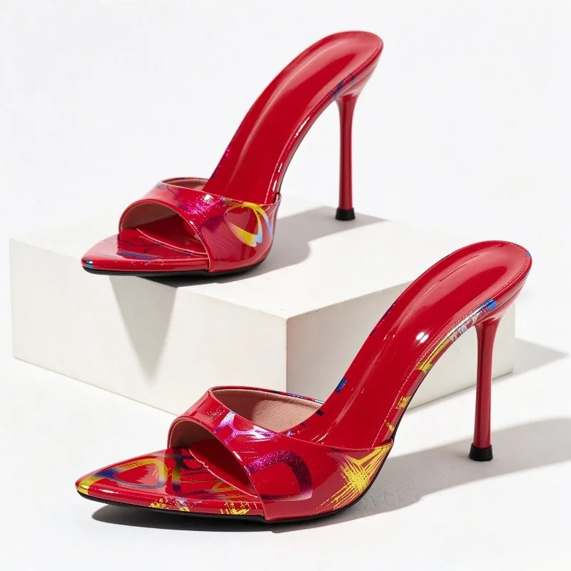 Unique Print Design Patent Leather Mule Slippers Women Sexy Pointed Toe Open Toe Stiletto High Heels Luxury Brand Designer Shoes