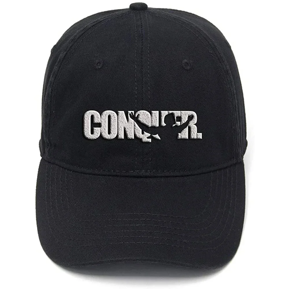 Lyprerazy Arnold Quote Conquer Pose Washed Cotton Adjustable Men Women Unisex Hip Hop Cool Flock Printing Baseball Cap
